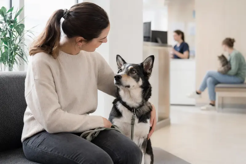 Ein Europäischer Schlittenhund sitzt ruhig neben seinem Besitzer im hellen Wartezimmer einer modernen Tierarztpraxis.
